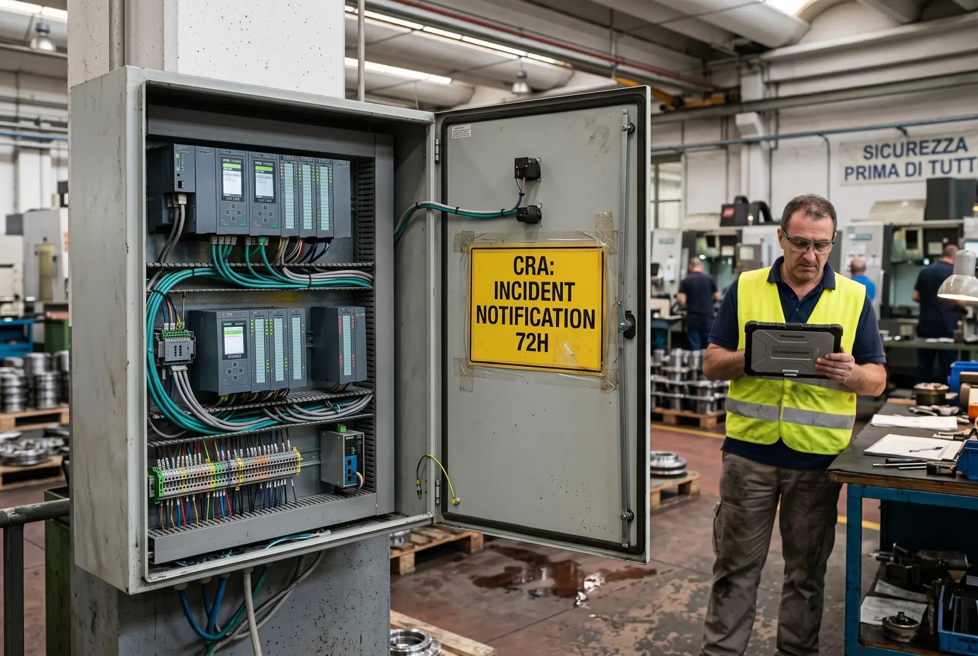 Un tecnico in fabbrica consulta un tablet accanto a un quadro elettrico industriale aperto, sul cui sportello è affisso un cartello giallo con la scritta "CRA: INCIDENT NOTIFICATION 72H".