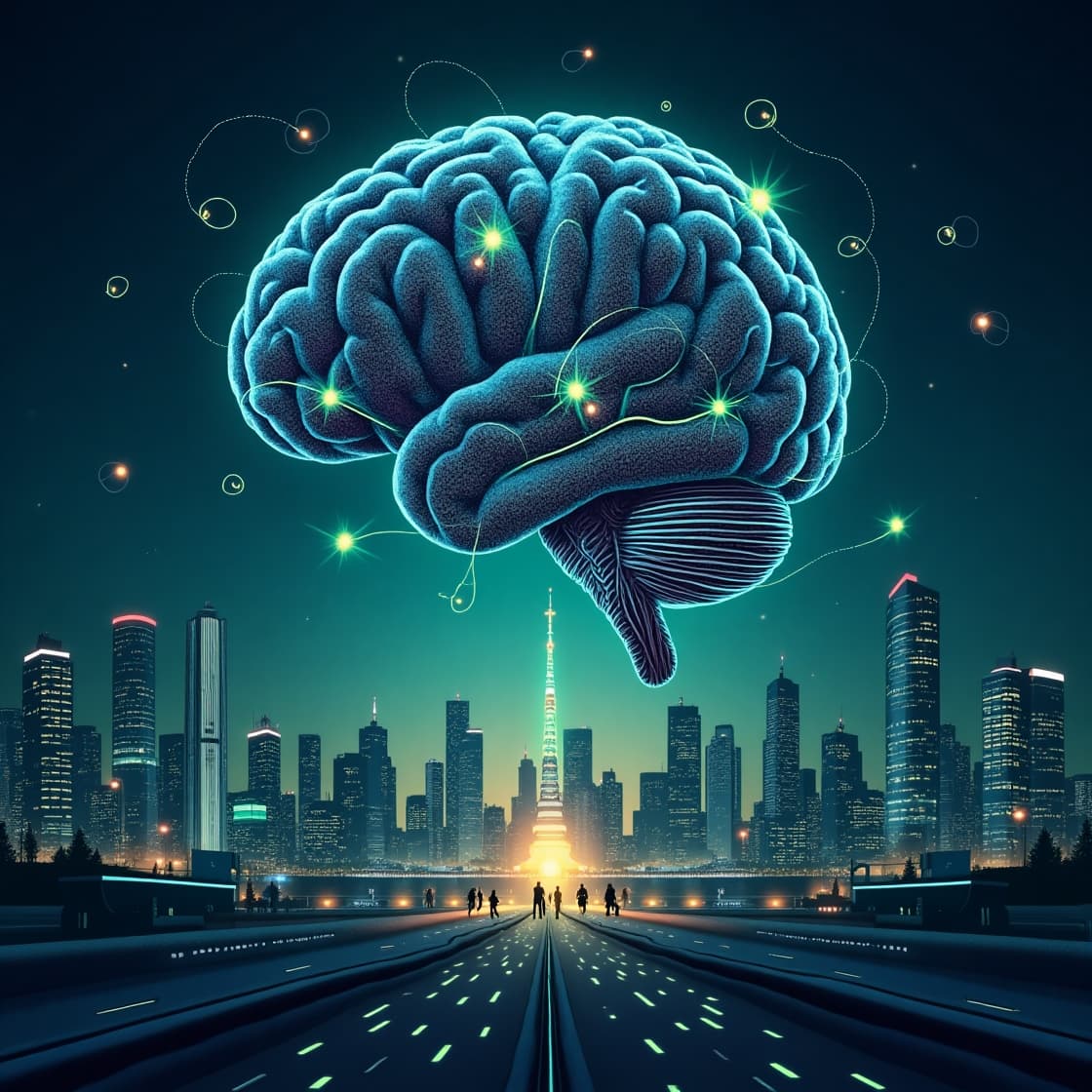 cervello fatto con l'intelligenza artificiale con unas metropoli in lontananza.