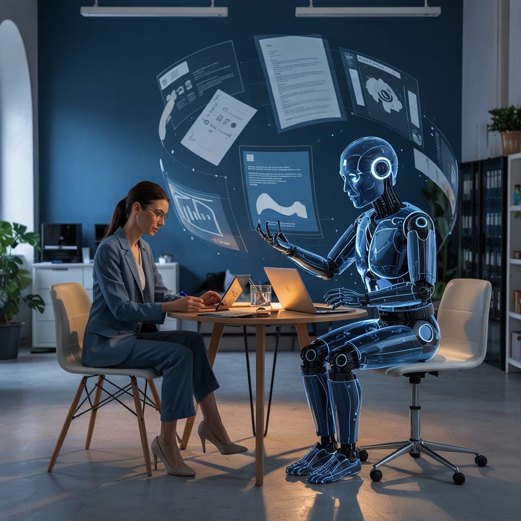 Professionista seduta a una scrivania con un assistente AI robotico che gestisce documenti digitali in un ufficio moderno.
