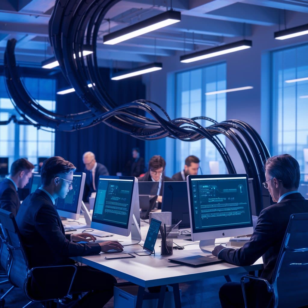 Dipendenti utilizzano strumenti di Shadow A.I. in un moderno ufficio con flussi di dati visibili, rappresentando i rischi per la sicurezza aziendale.