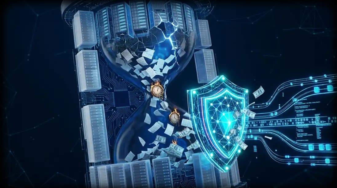 Clessidra digitale con documenti che cadono verso uno scudo di sicurezza informatica — tempo e costo di un audit IT