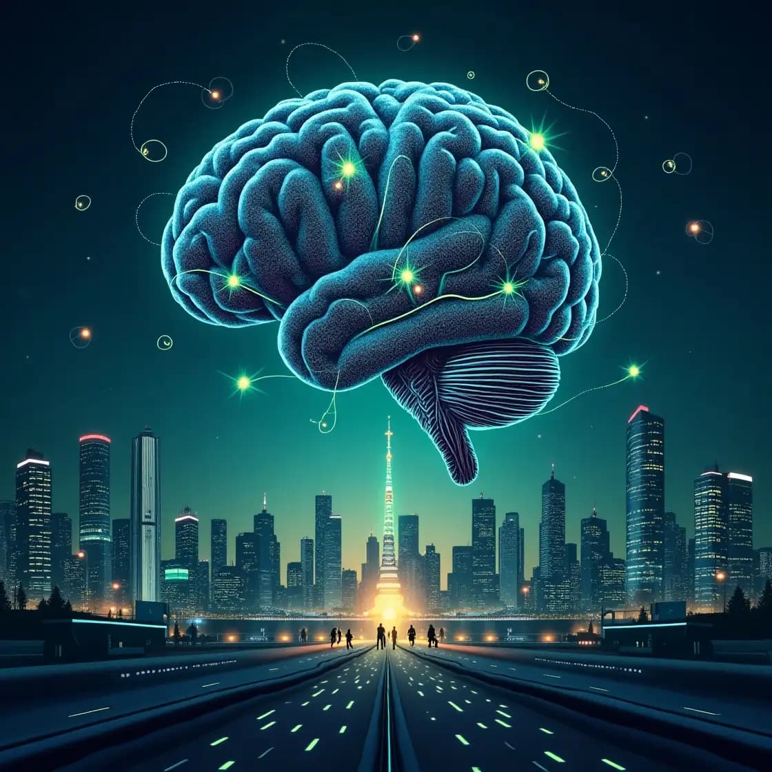 cervello fatto con l'intelligenza artificiale con unas metropoli in lontananza.