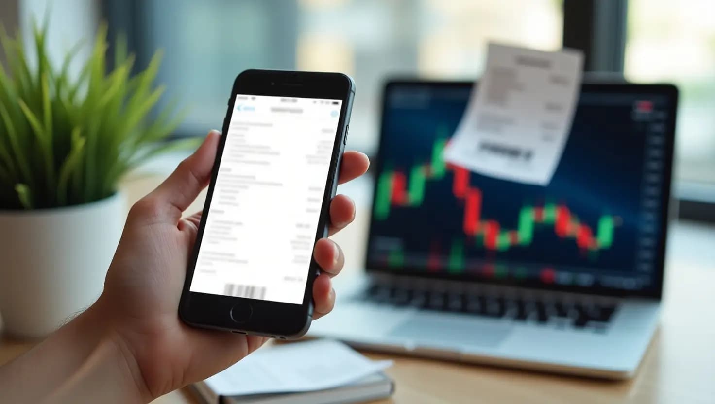 Mano che tiene smartphone con app mobile aperta, schermo con testo sfocato per privacy, laptop con grafici finanziari sullo sfondo, ambiente ufficio moderno