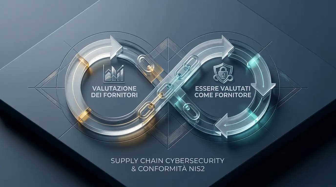 Illustrazione grafica minimale sulla conformità NIS2 e la gestione del rischio fornitori, focalizzata sulla doppia valutazione attiva e passiva nella supply chain.