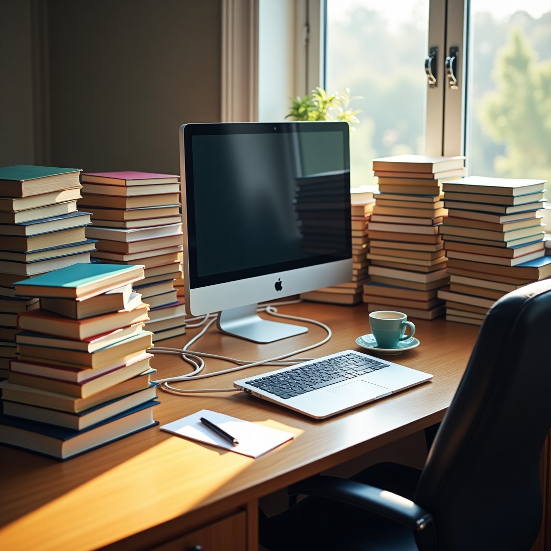 Pile organizzate di libri su una scrivania a simulare la r.a.g.