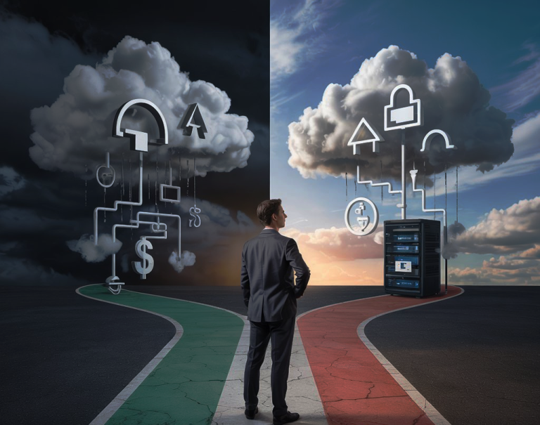 Imprenditore italiano a un bivio tra cloud computing e server indipendenti, con colori della bandiera italiana