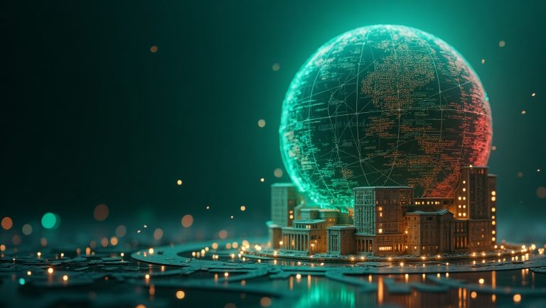 Digital globe with Italian-style buildings at its base, illuminated in teal and gold against a dark background.