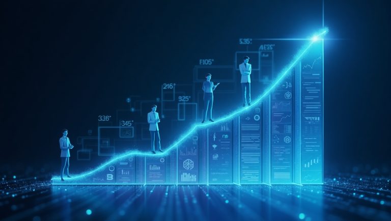 Grafico ascendente con crescita del ROI dell'intelligenza artificiale e figure di professionisti su diversi livelli di progresso