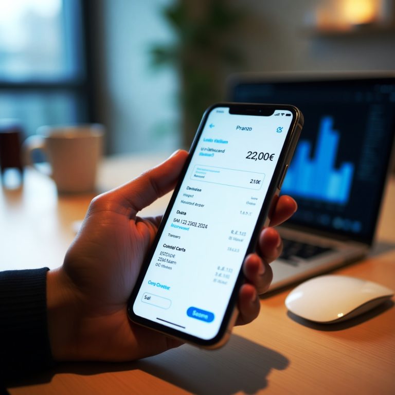 Smartphone che mostra un'app di elaborazione digitale di uno scontrino per pranzo del valore di 22,00€, con dati estratti e visualizzati in un'interfaccia moderna, in un ambiente di ufficio con laptop sullo sfondo.