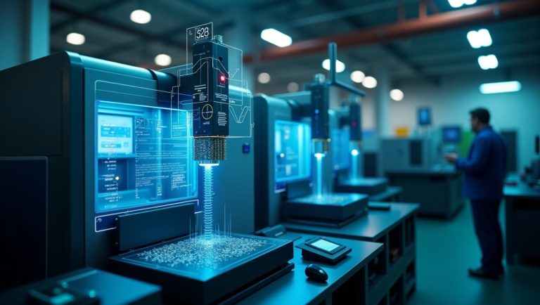 Fabbrica intelligente con macchinari CNC e interfacce di intelligenza artificiale olografiche che mostrano dati di produzione in tempo reale, illuminazione LED blu in ambiente industriale moderno
