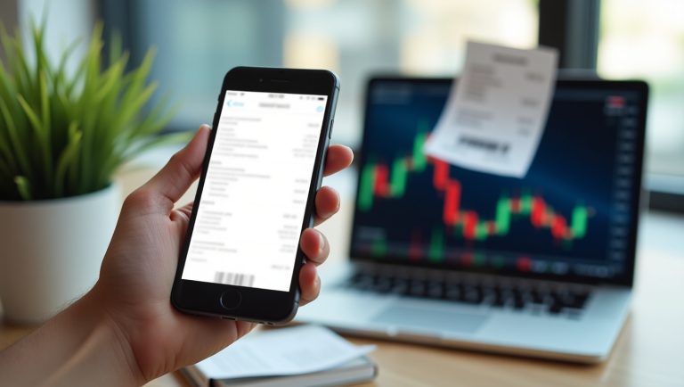 Mano che tiene smartphone con app mobile aperta, schermo con testo sfocato per privacy, laptop con grafici finanziari sullo sfondo, ambiente ufficio moderno