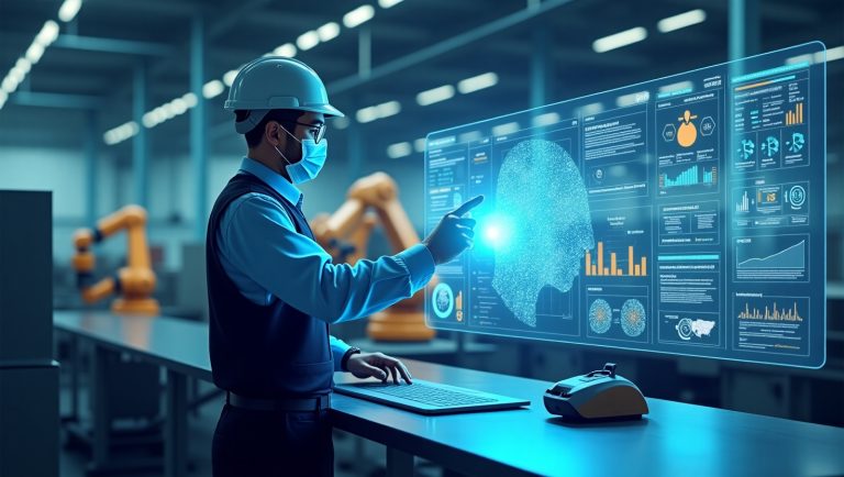 Operatore manifatturiero con casco e mascherina utilizza interfaccia AI olografica con dashboard e grafici in stabilimento industriale moderno