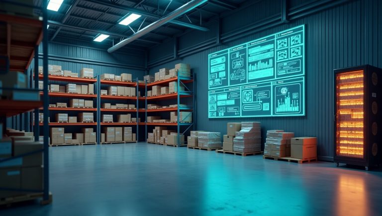 Magazzino moderno con scaffalature metalliche piene di scatole e dashboard digitali blu sulle pareti che mostrano grafici e analisi AI per gestione intelligente delle scorte