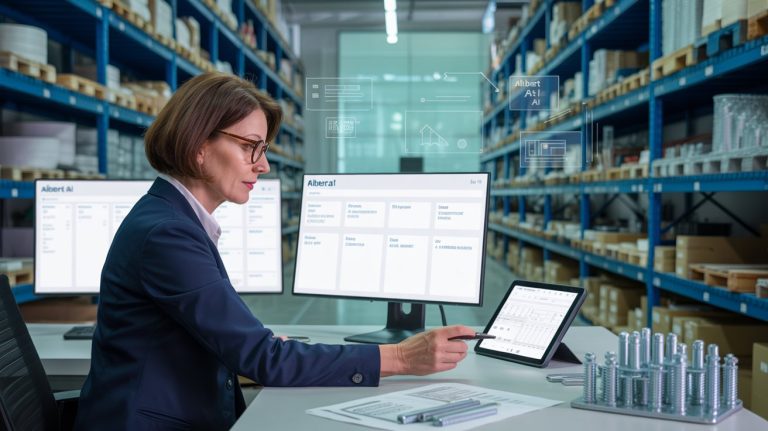 Donna manager in giacca blu che utilizza tablet e monitor con interfaccia Albert AI in magazzino industriale con scaffalature e campioni di minuteria metallica sulla scrivania